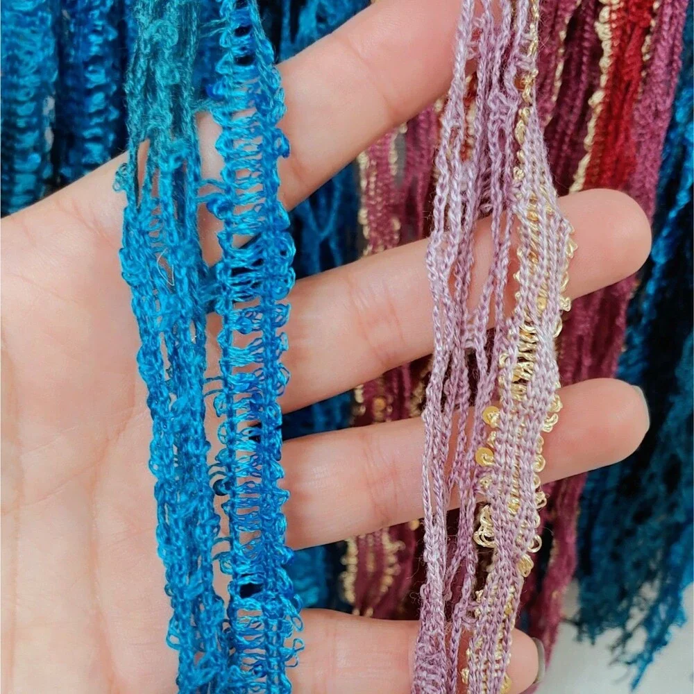 Boho Garland Wall Hanging Decor Wooden Beads Lace Ribbons Blue Pink Gold NEW